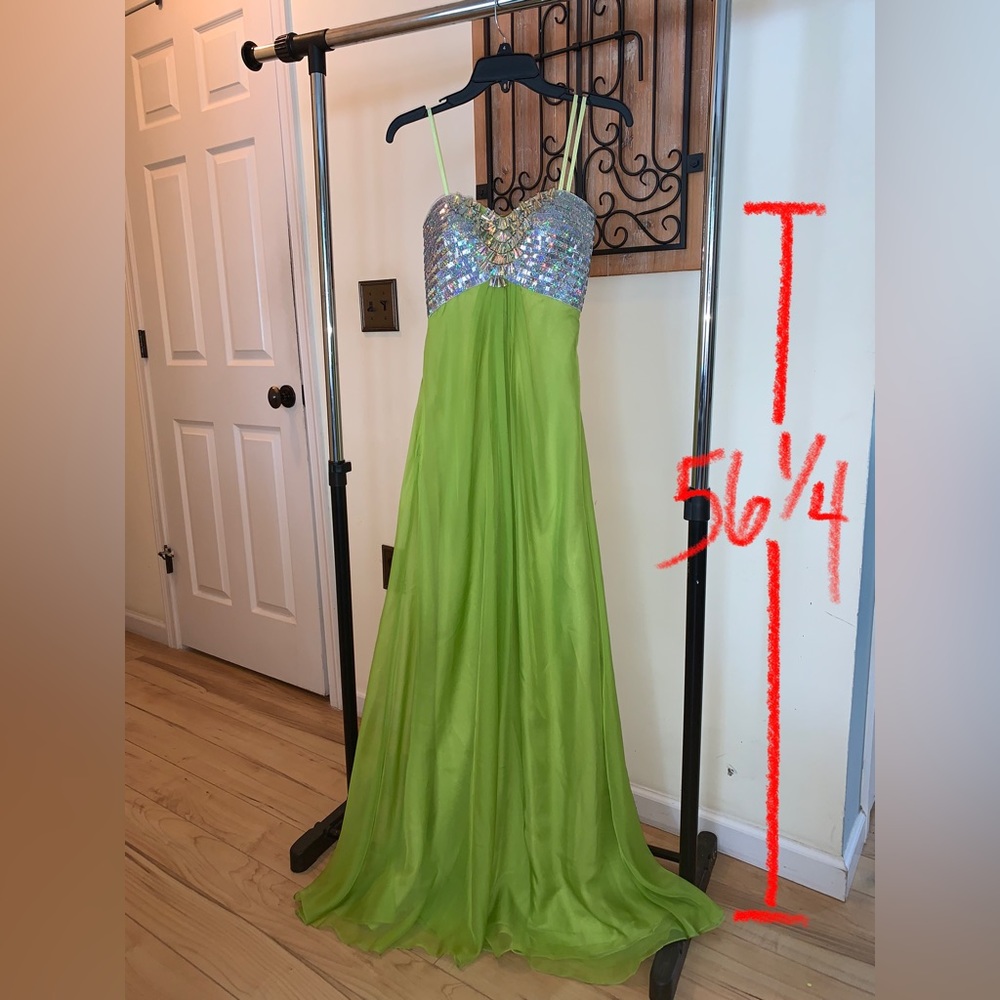 La Femme Apple Green Sequin Strapless Cross Back Dress